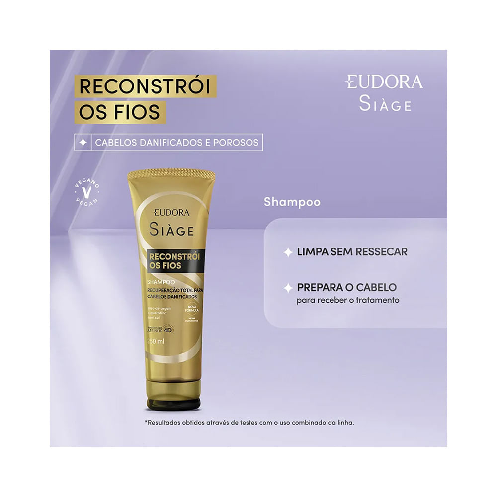 Shampoo Siàge Reconstrói Fios da Eudora em fundo lilás, embalagem dourada 250ml